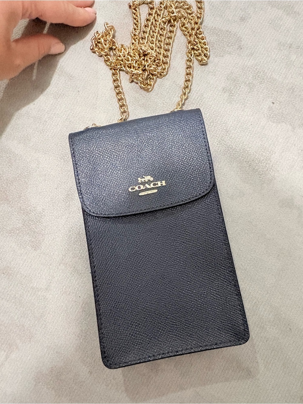 Coach Black Saffiano Crossbody Phone Pouch with Gold Chain